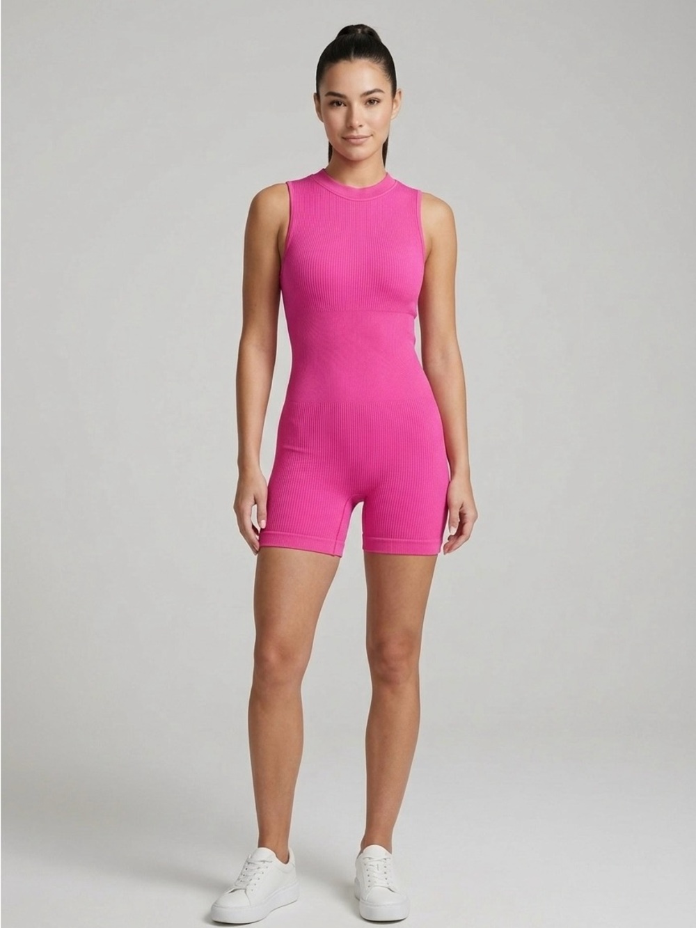 Sleeveless Ribbed Pink Romper